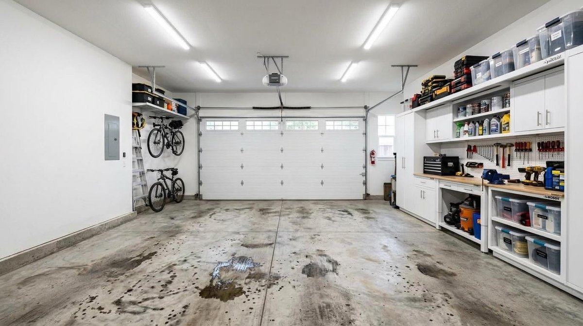 Cracked, stained concrete garage floor before coating