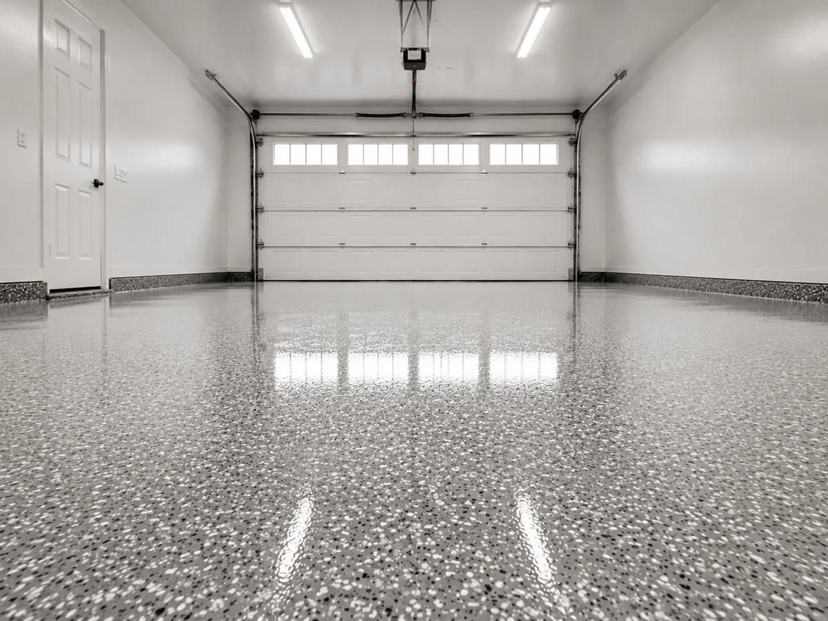Grey flake epoxy floor in a two-car garage
