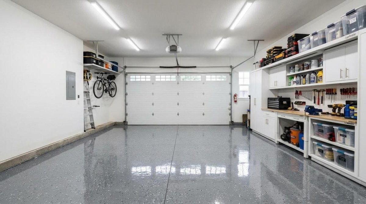 Finished grey epoxy garage floor, freshly coated