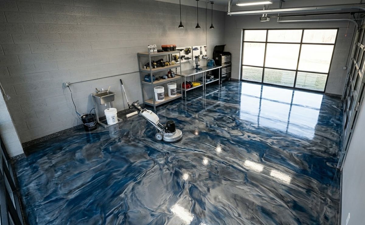 Metallic epoxy floor installation in progress