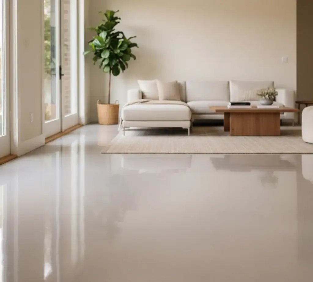 Satin epoxy floor in a bright living space